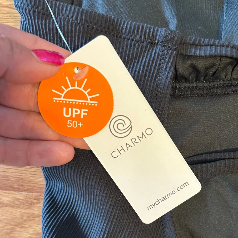 NWT Charmo Black Ribbed Ruched One-Piece Swimsuit Size L - Picture 9 of 12